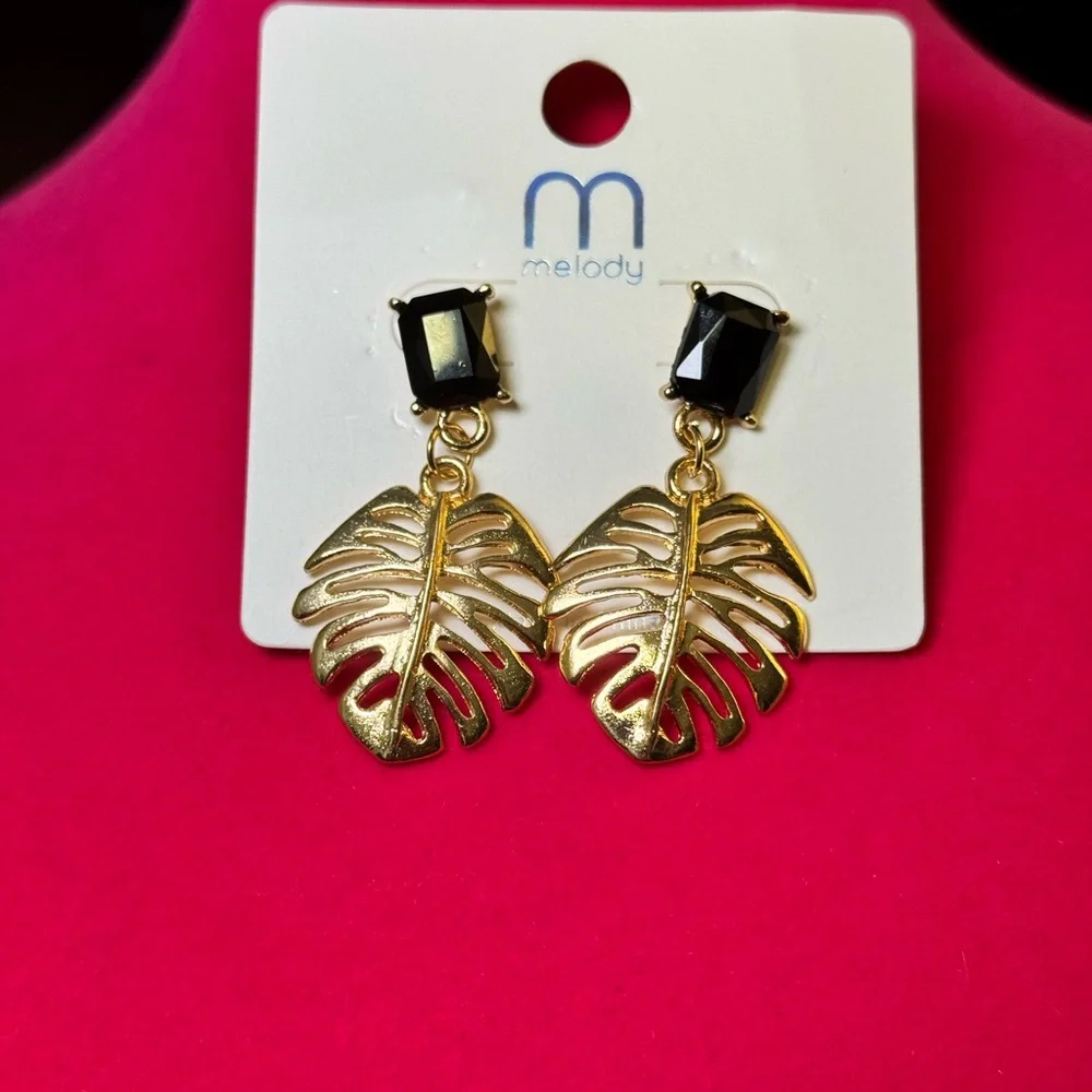 Black Stone Gold Leaf Drop Earrings Tropical Resort Statement - Picture 3 of 3
